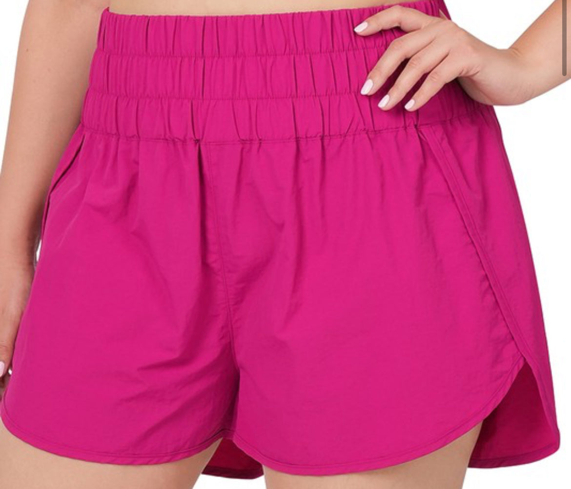 Pink Plus Size Windbreaker Smocked Waistband Shorts