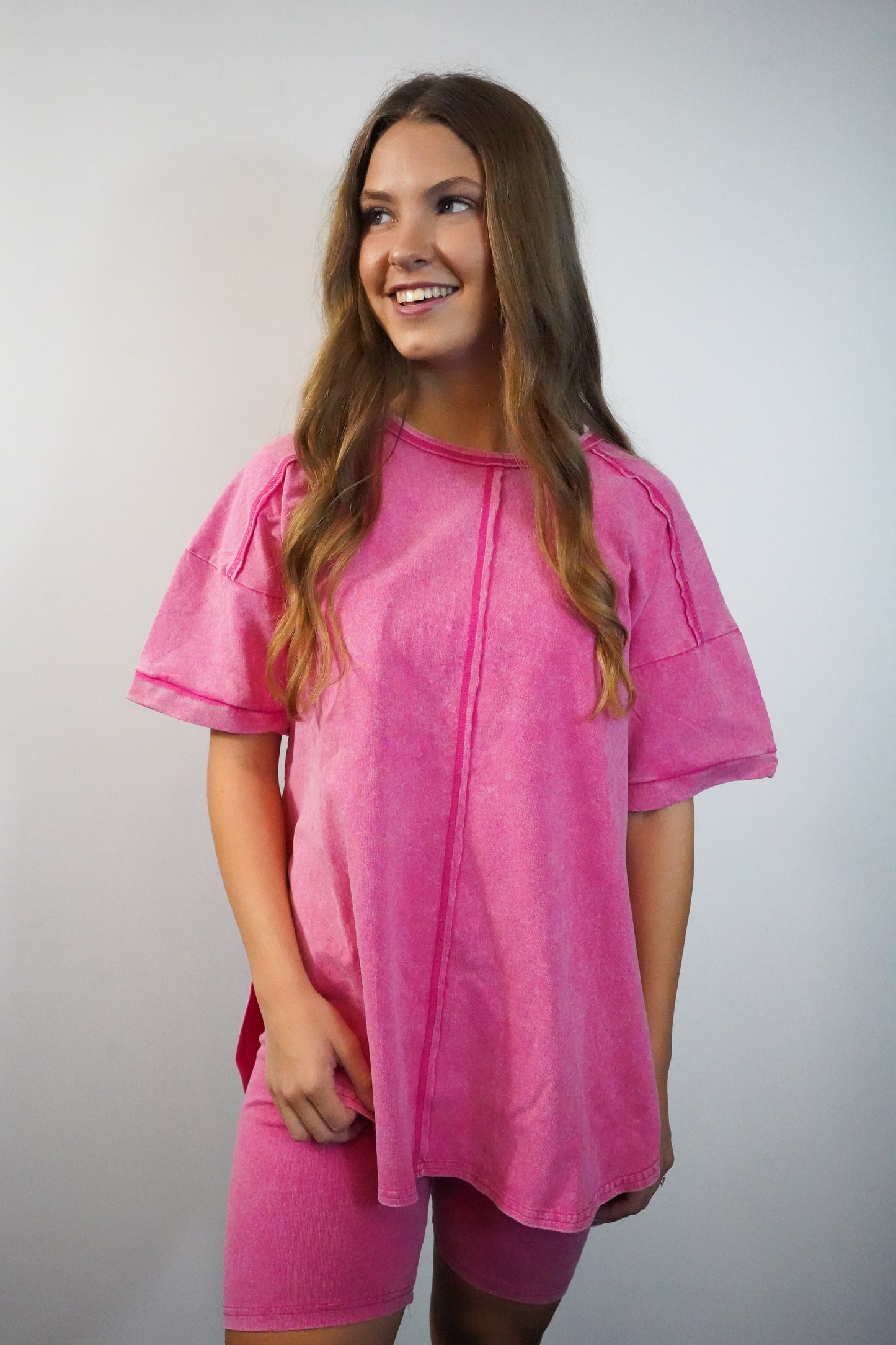 Washed Hot Pink Top & Biker Shorts Set
