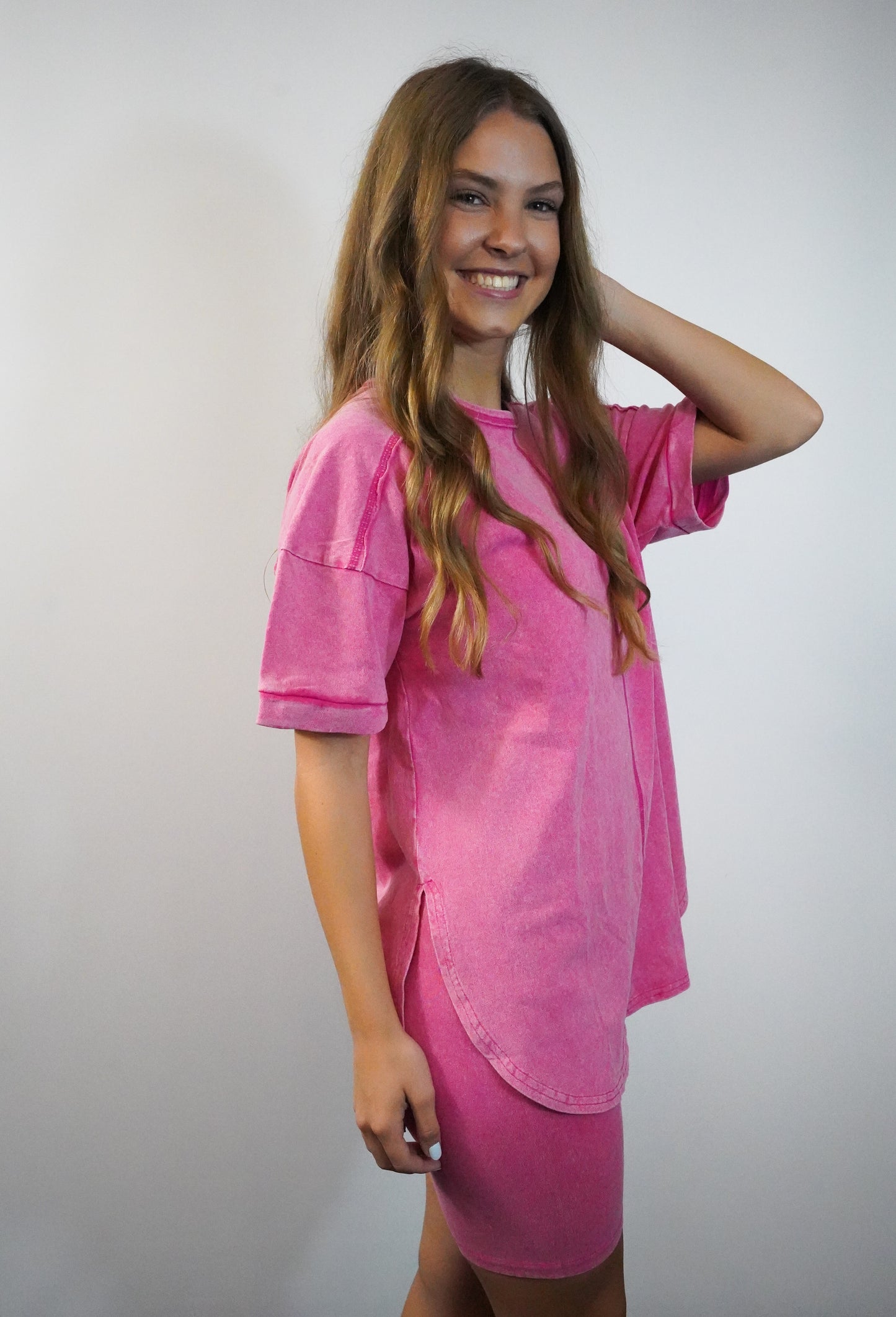 Washed Hot Pink Top & Biker Shorts Set