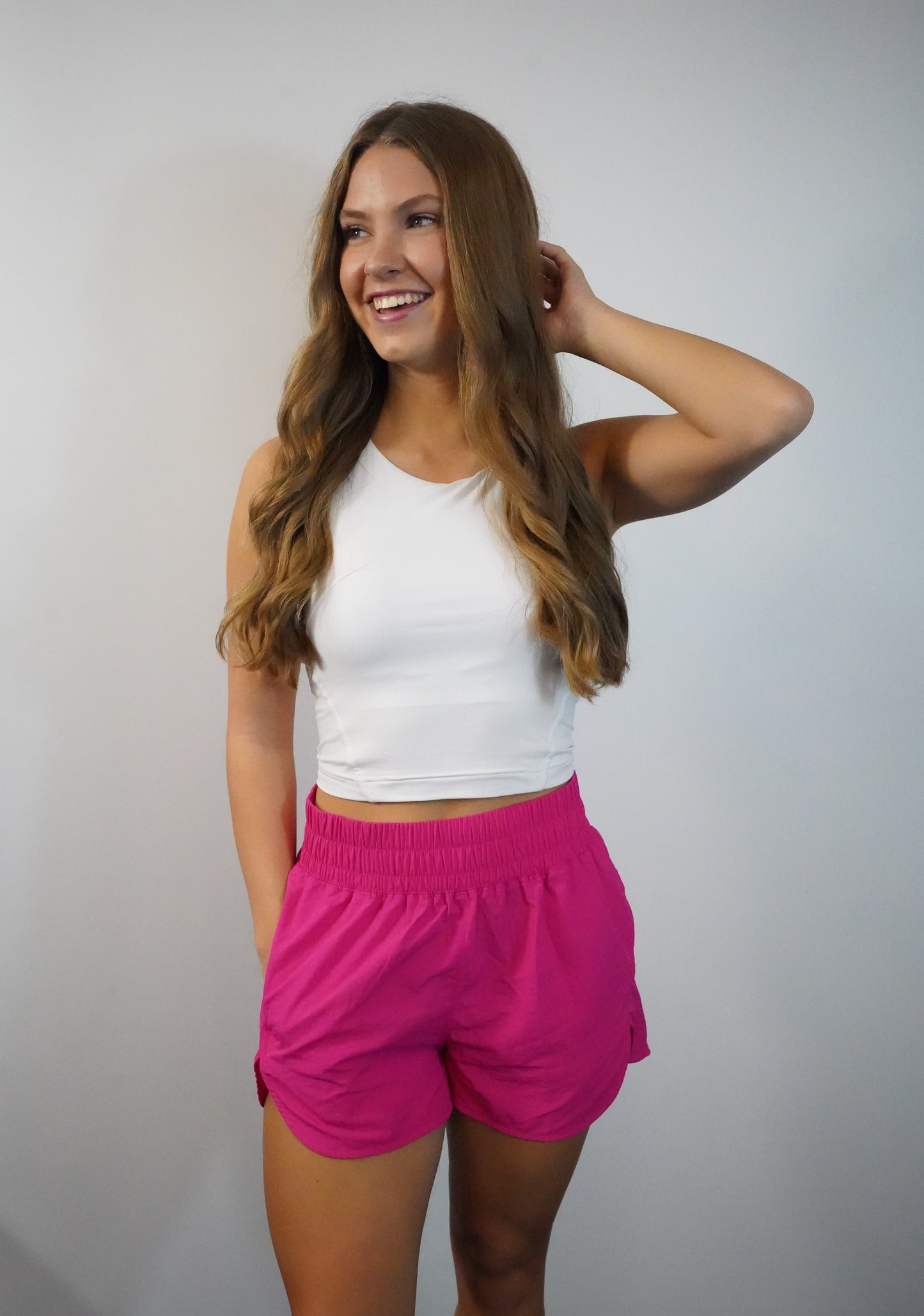 Hot Pink Windbreaker Smocked Waistband Shorts w/pockets