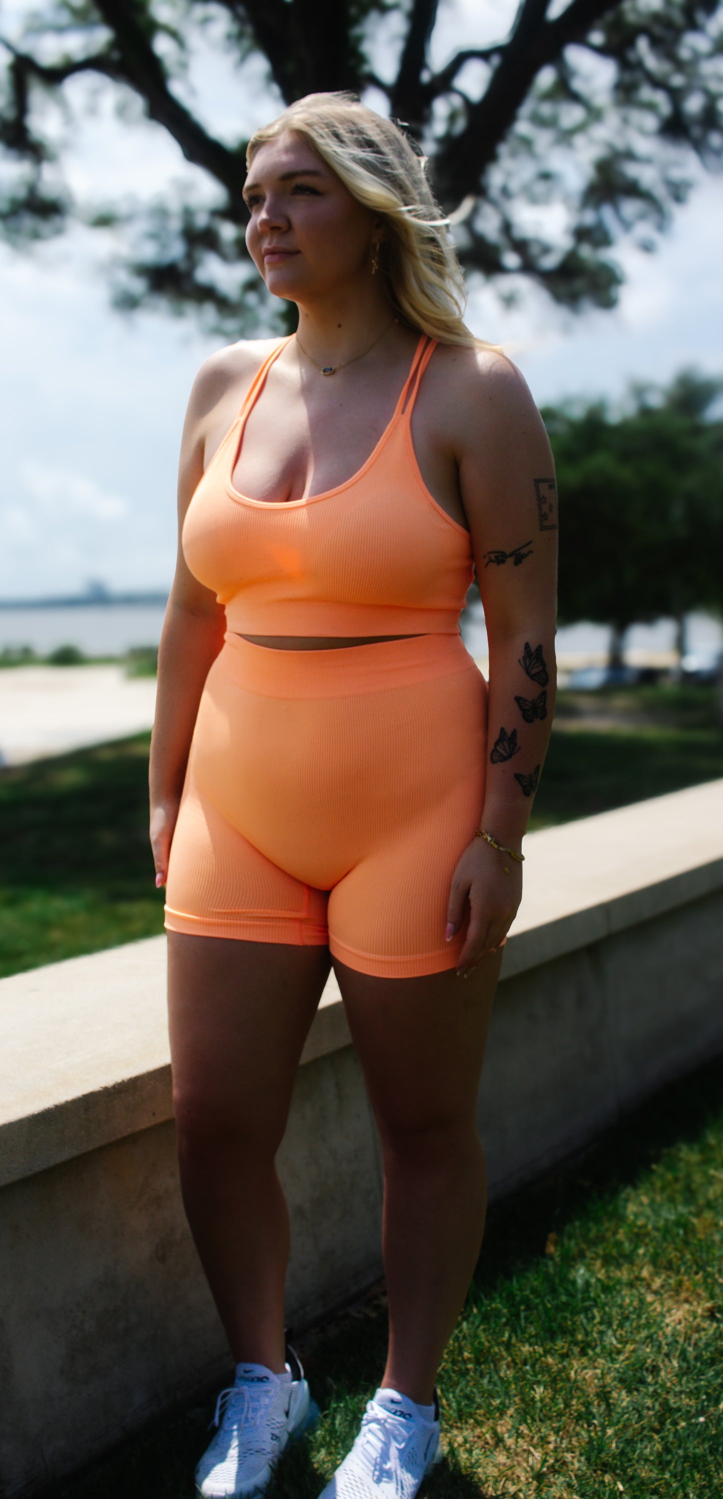Bright Orange Ribbed Seamless Shorts Set