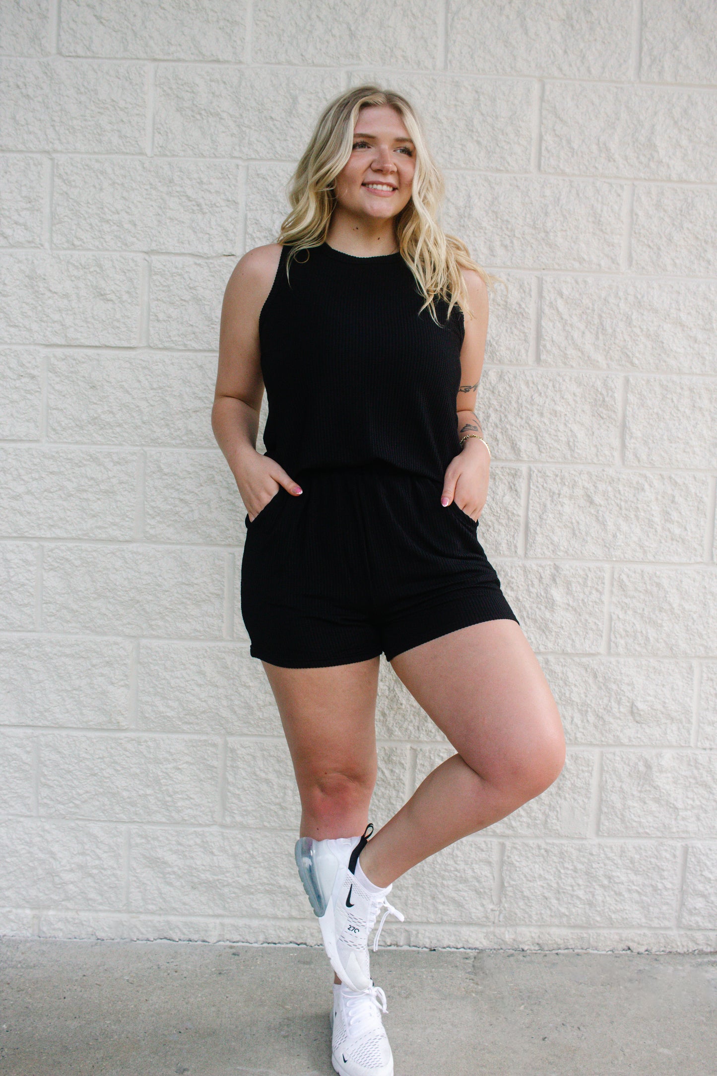 Black Ribbed Sleeveless Top & Pocketed Shorts Set