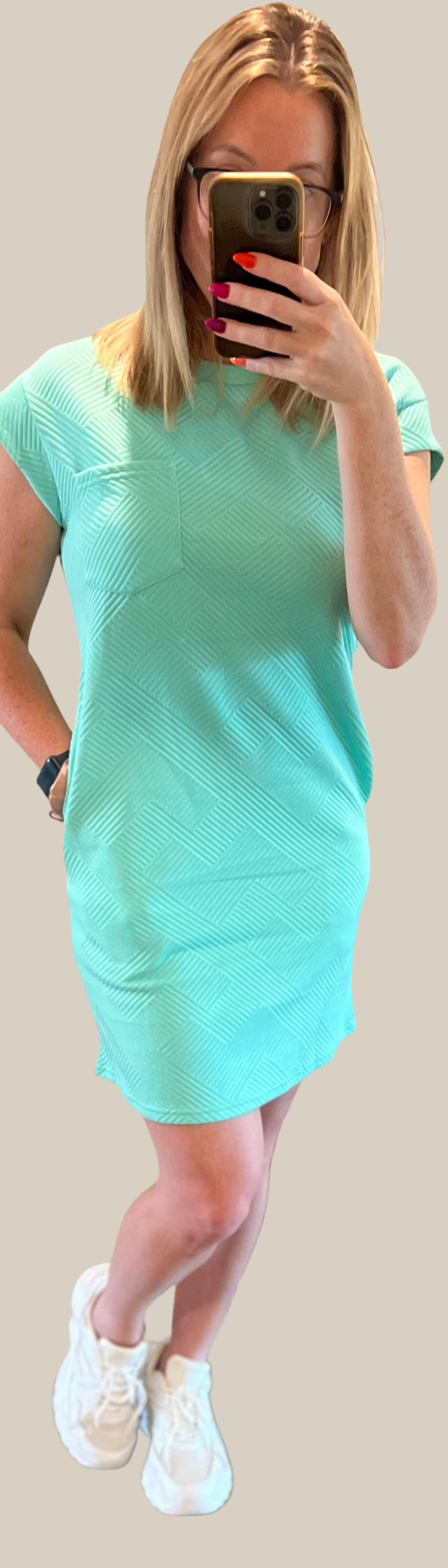 Green Textured Pocketed Mini Dress
