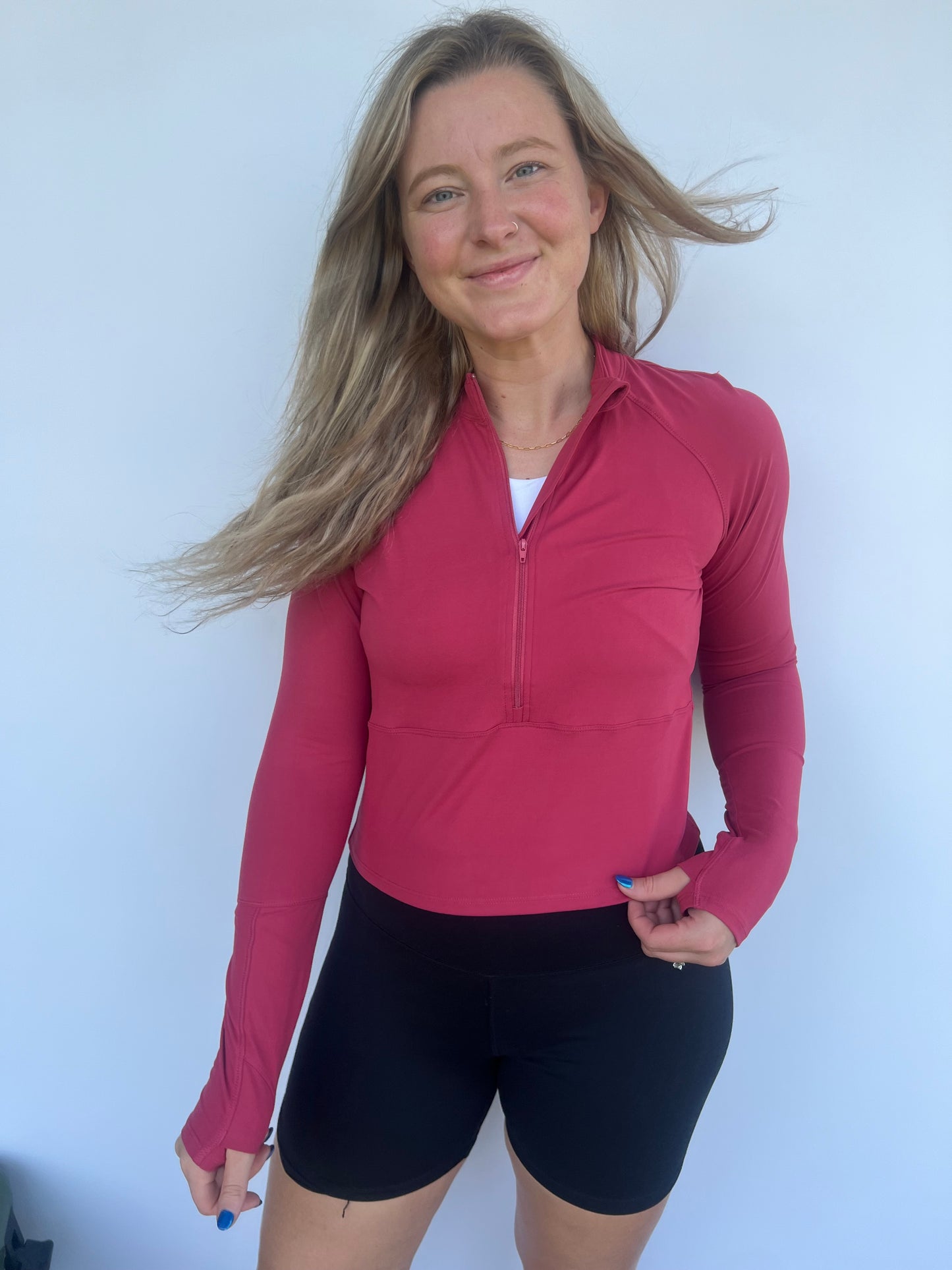 Coral Cropped Quarter Zip Top