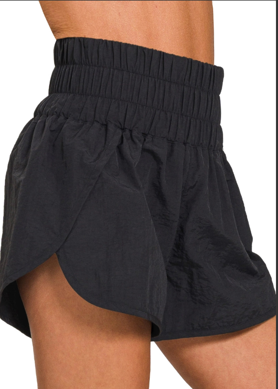 Black Windbreaker Smocked Waistband Shorts