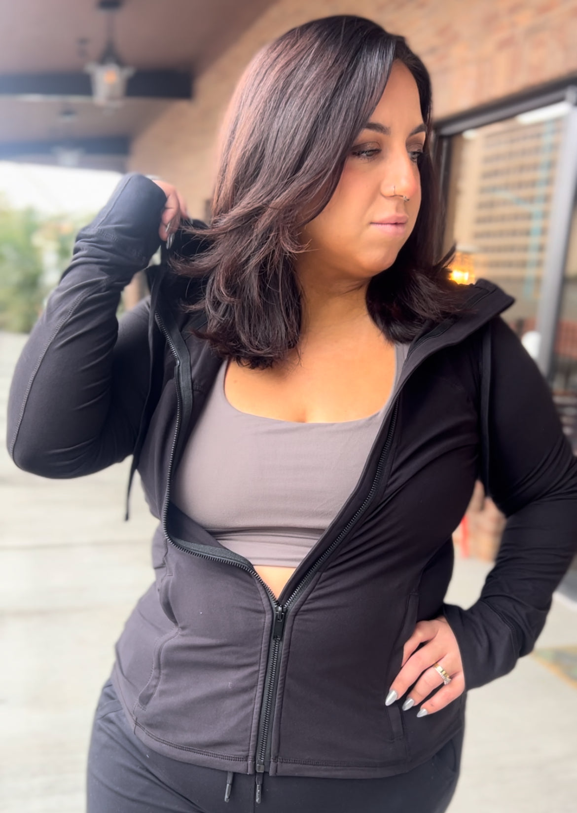 Black Plus Size Fitted Zip Hooded Jacket