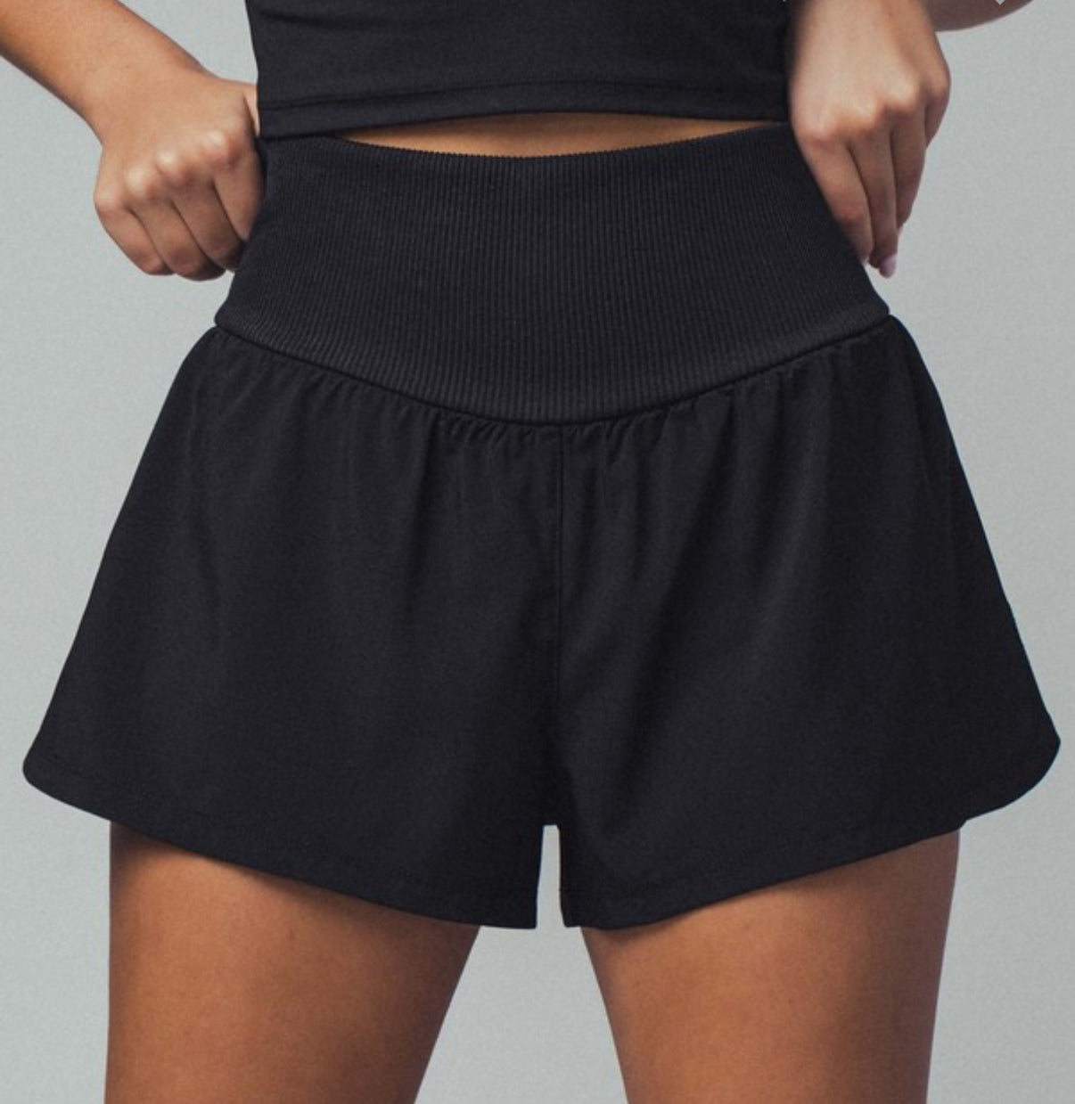Black Ribbed Waist Athletic Shorts