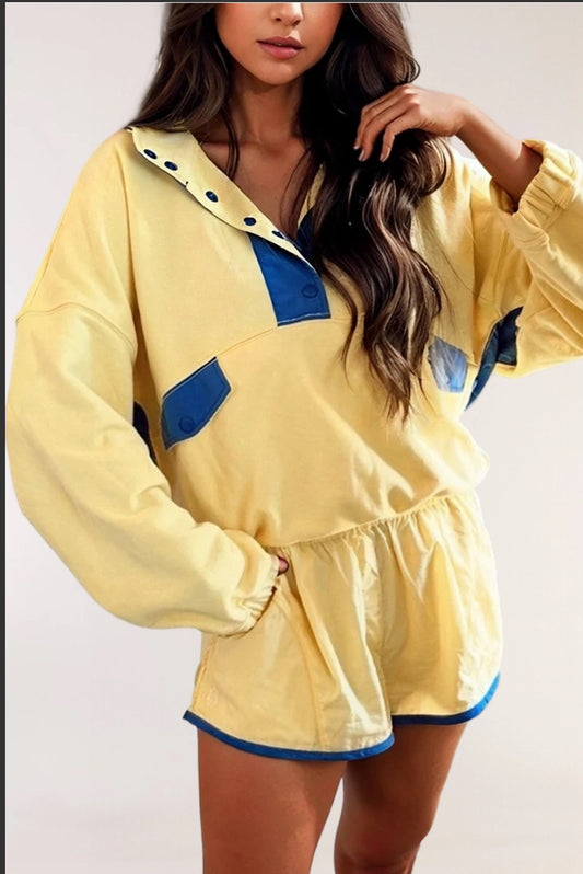 Yellow Colorblock Pullover + Shorts Set
