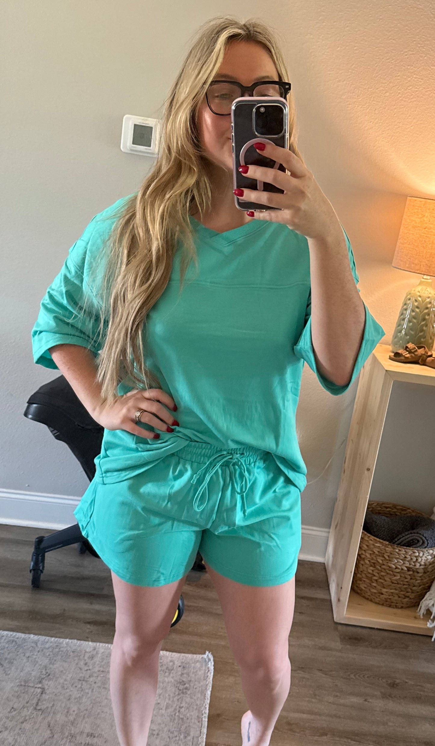 Green Loose V-neck Tee & Shorts Set