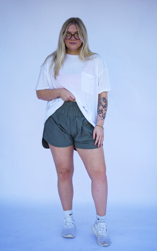 Light Olive Plus Size Windbreaker Smocked Waistband Shorts